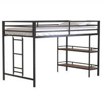 Ady Twin Size Loft Bed with Ladder and 2 Wood Shelves, Black Metal Frame - BM349674