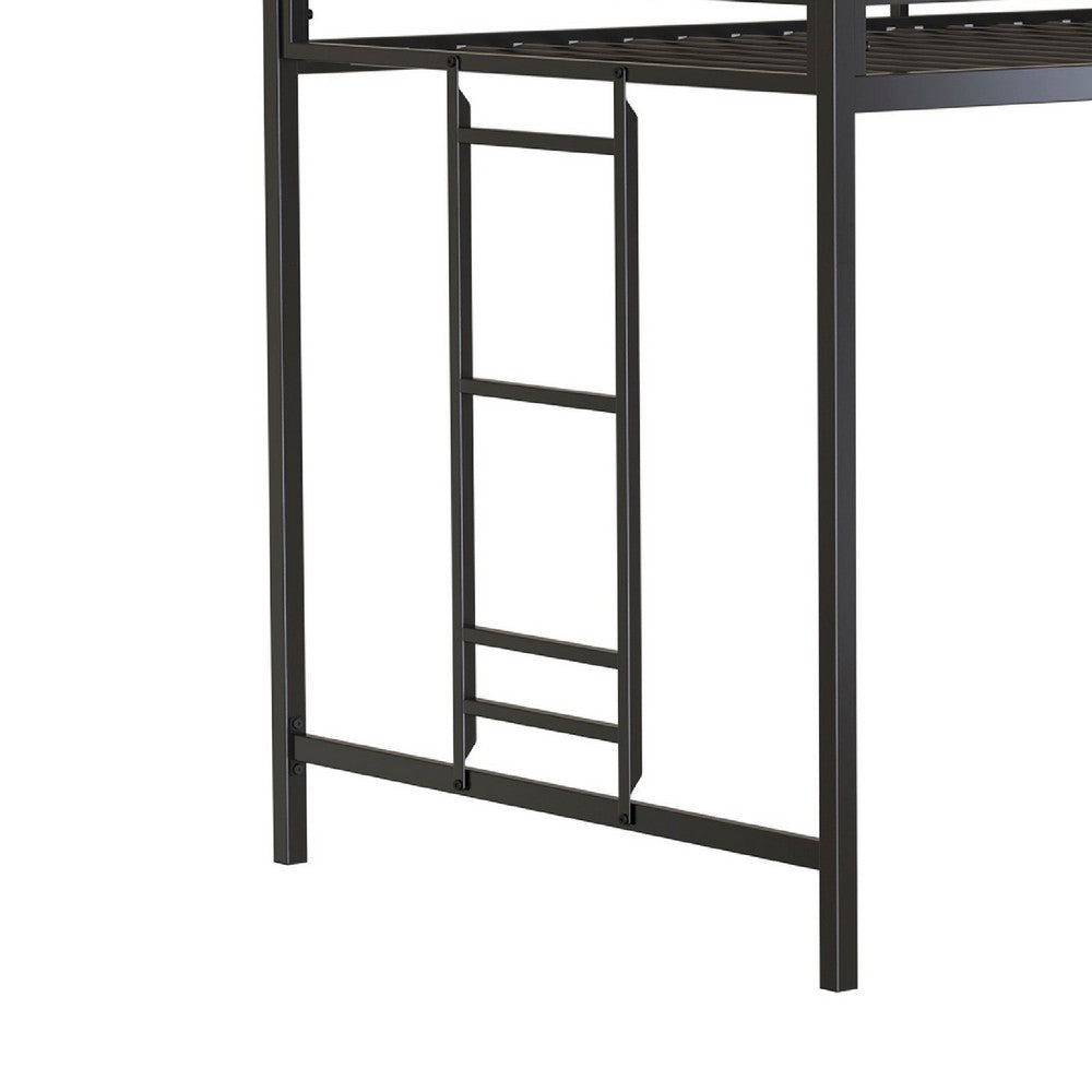 Ady Twin Size Loft Bed with Ladder and 2 Wood Shelves, Black Metal Frame - BM349674