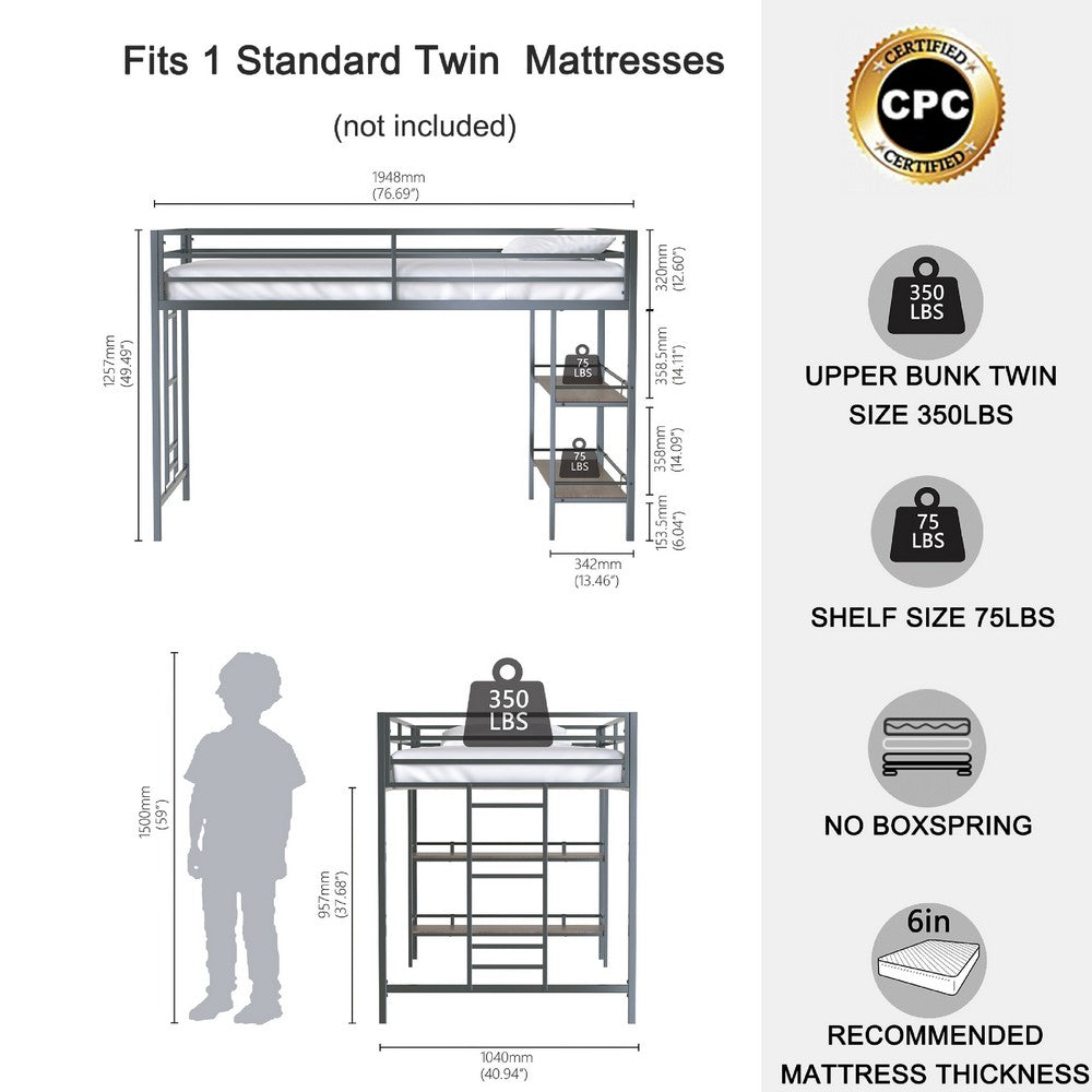 Ady Twin Size Loft Bed with Ladder and 2 Wood Shelves, Black Metal Frame - BM349674