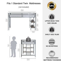 Ady Twin Size Loft Bed with Ladder and 2 Wood Shelves, Black Metal Frame - BM349674