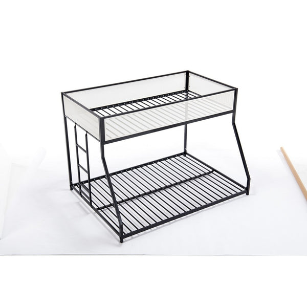 Ady Low Profile Twin Over Full Bunk Bed with Mesh Guardrail, Black Metal - BM349675