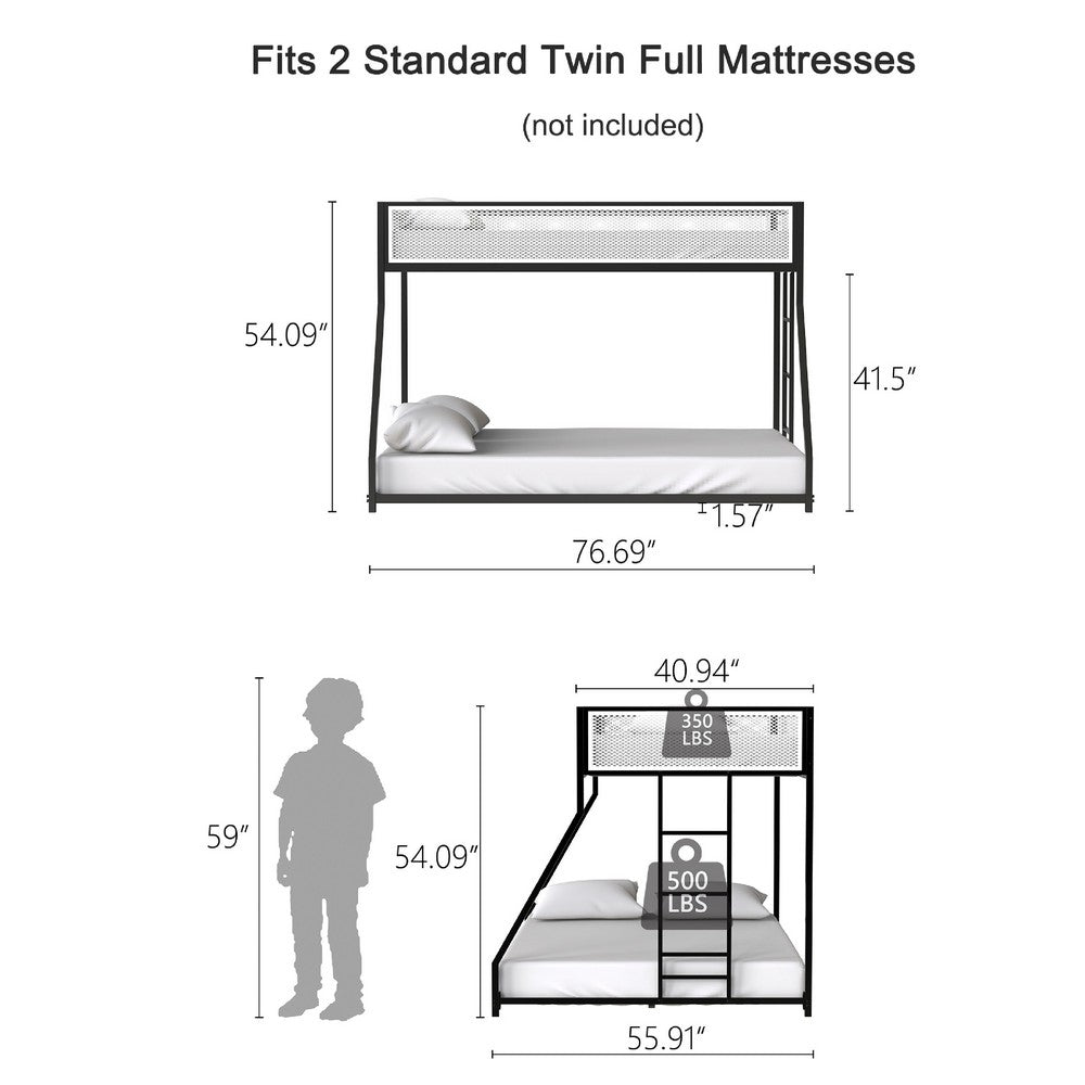 Ady Low Profile Twin Over Full Bunk Bed with Mesh Guardrail, Black Metal - BM349675