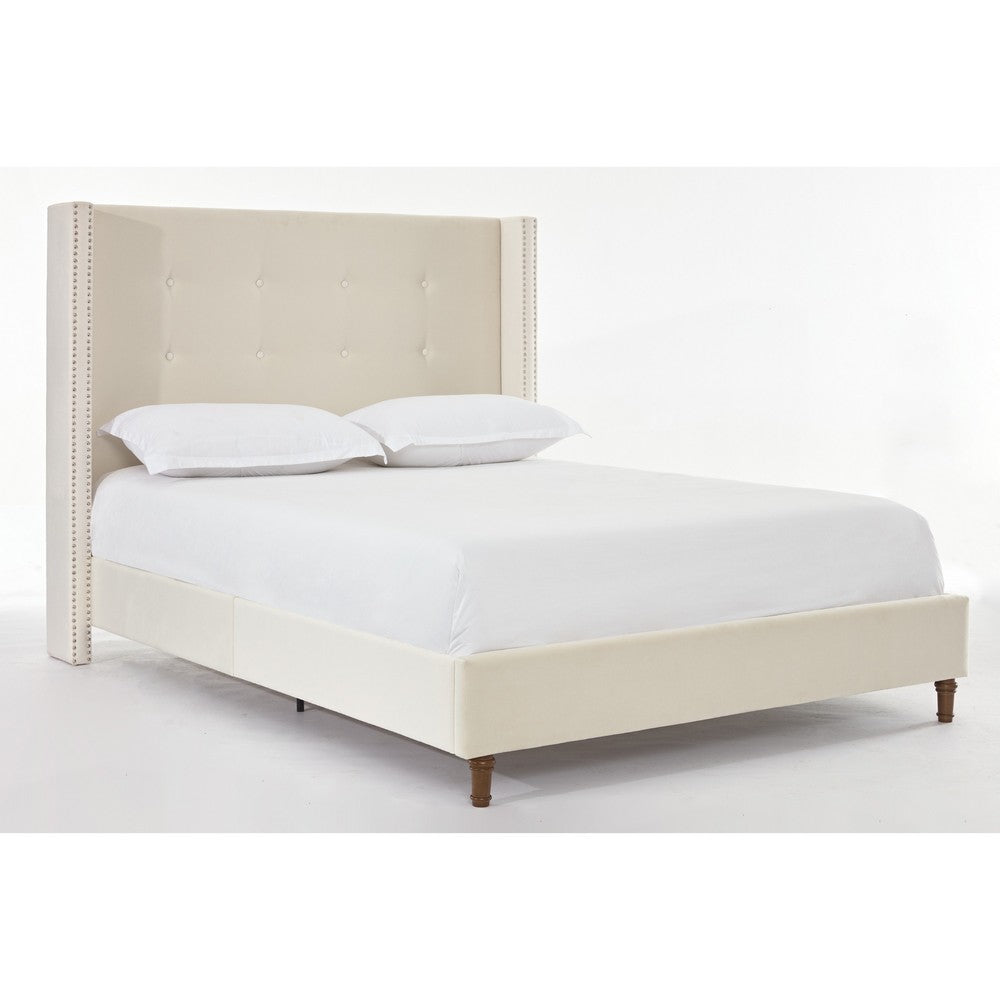 Pery Queen Size Bed with Button Tufted Headboard, Ivory Velvet Upholstery - BM349676