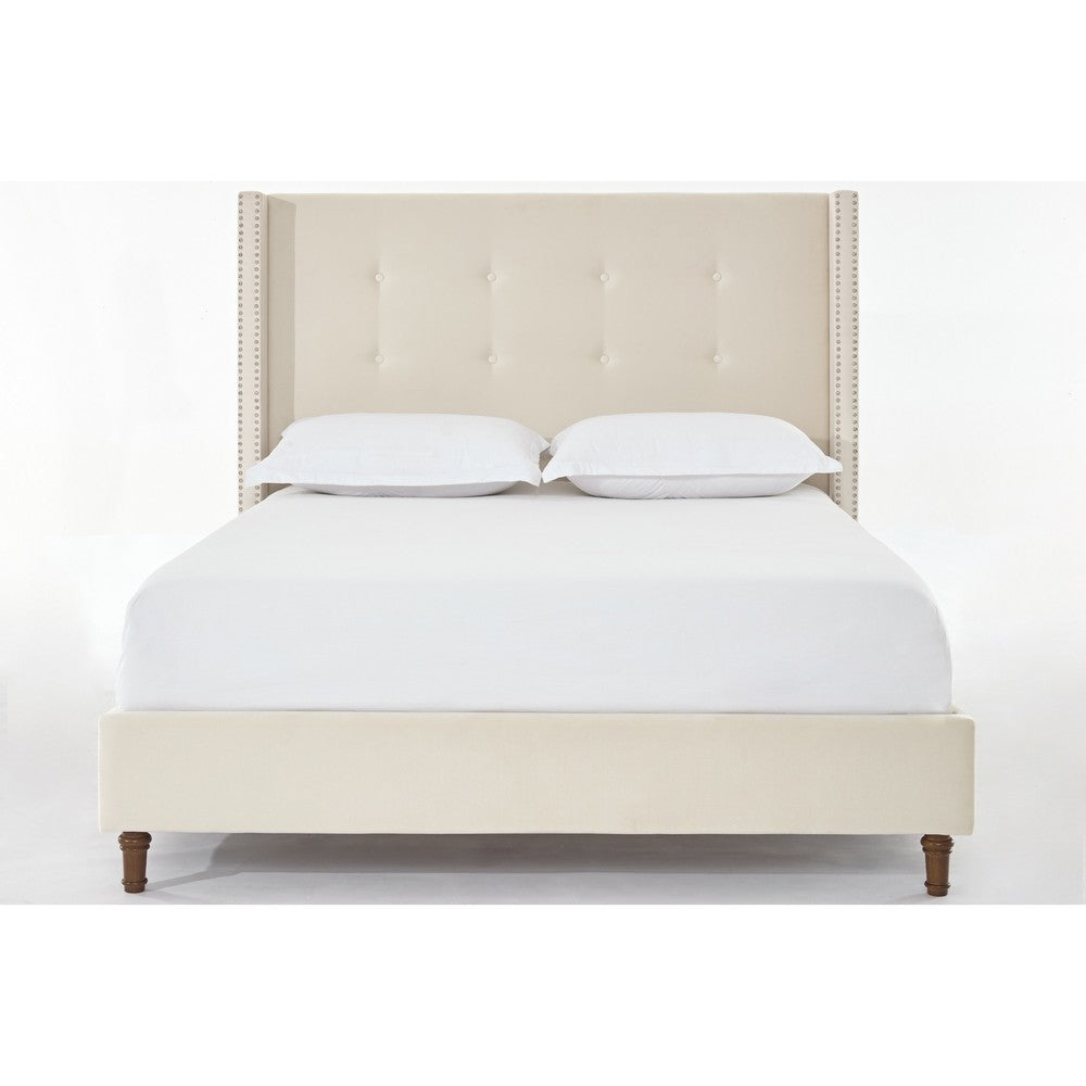 Pery Queen Size Bed with Button Tufted Headboard, Ivory Velvet Upholstery - BM349676
