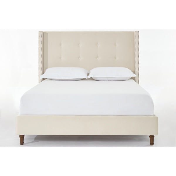 Pery Queen Size Bed with Button Tufted Headboard, Ivory Velvet Upholstery - BM349676