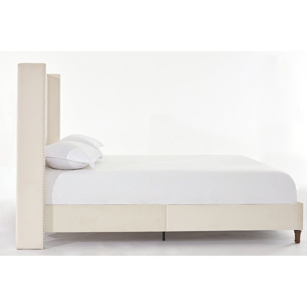 Pery Queen Size Bed with Button Tufted Headboard, Ivory Velvet Upholstery - BM349676