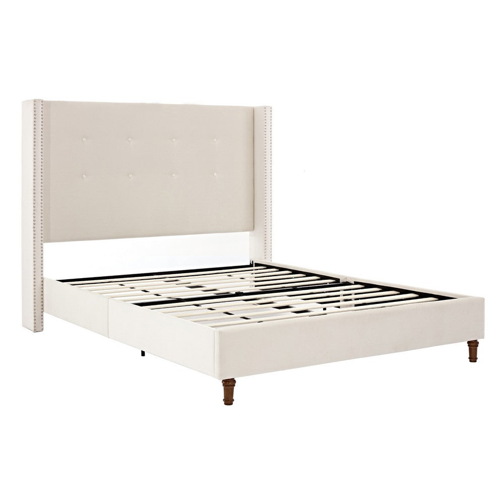 Pery Queen Size Bed with Button Tufted Headboard, Ivory Velvet Upholstery - BM349676