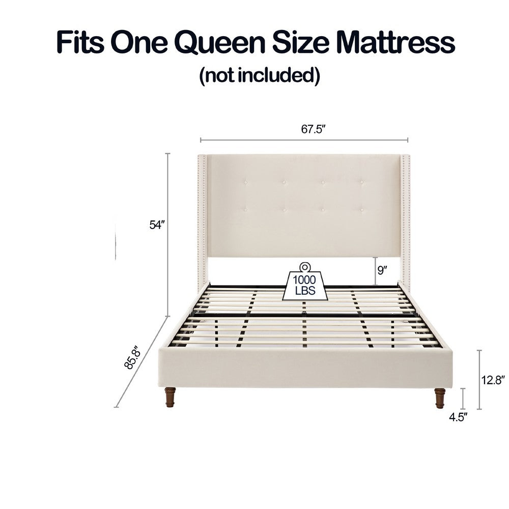 Pery Queen Size Bed with Button Tufted Headboard, Ivory Velvet Upholstery - BM349676