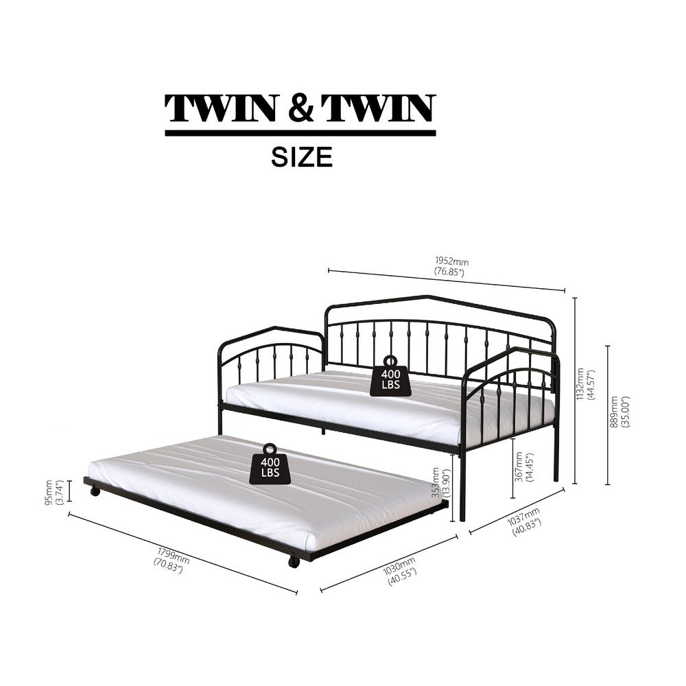 Fea Twin Size Daybed with Pull Out Twin Trundle, Black Metal Frame - BM349677