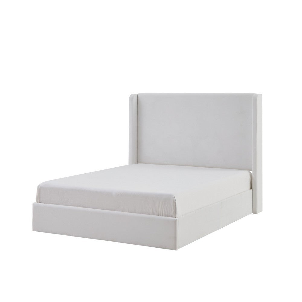 Cery King Size Bed with High Wingback Headboard, White Velvet Upholstery - BM349678