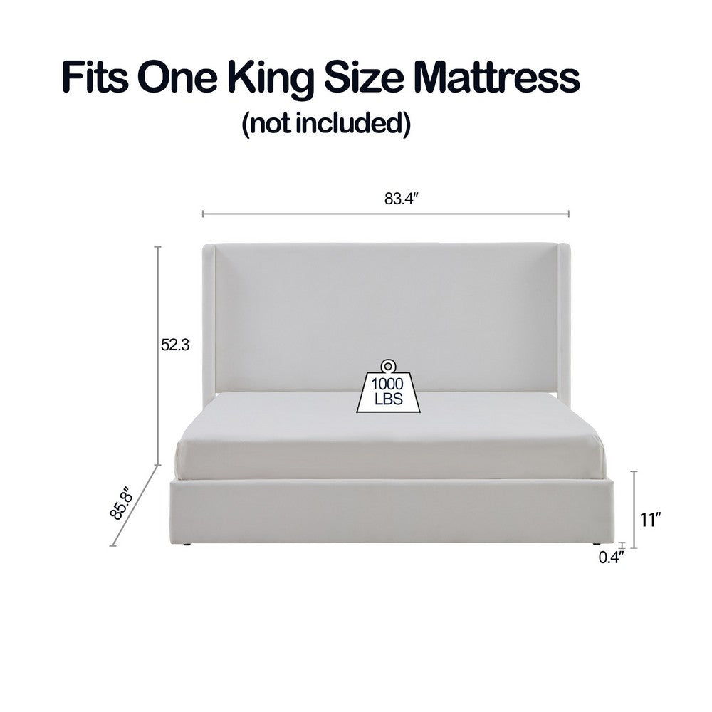 Cery King Size Bed with High Wingback Headboard, White Velvet Upholstery - BM349678