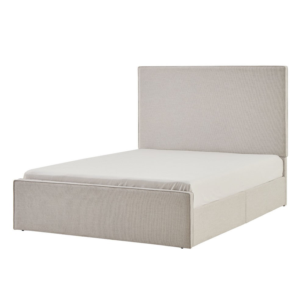 Zely Queen Size Bed with Tall Headboard, Textured Ivory Upholstery - BM349679