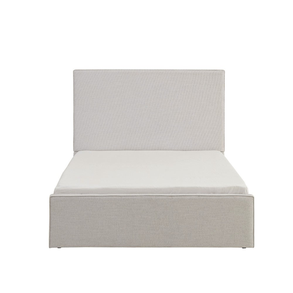 Zely Queen Size Bed with Tall Headboard, Textured Ivory Upholstery - BM349679