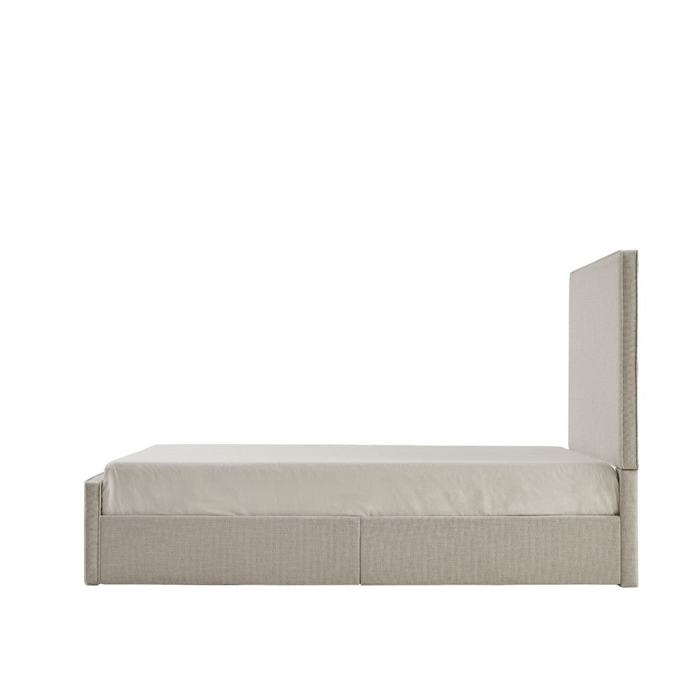 Zely Queen Size Bed with Tall Headboard, Textured Ivory Upholstery - BM349679
