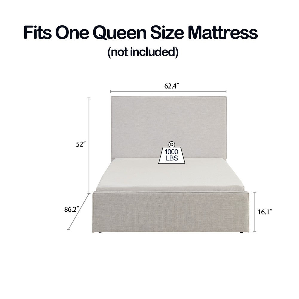 Zely Queen Size Bed with Tall Headboard, Textured Ivory Upholstery - BM349679