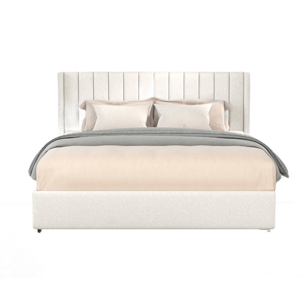 Deny Queen Size Bed, 2 Drawers, Channel Tufted Ivory Boucle Upholstery - BM349683