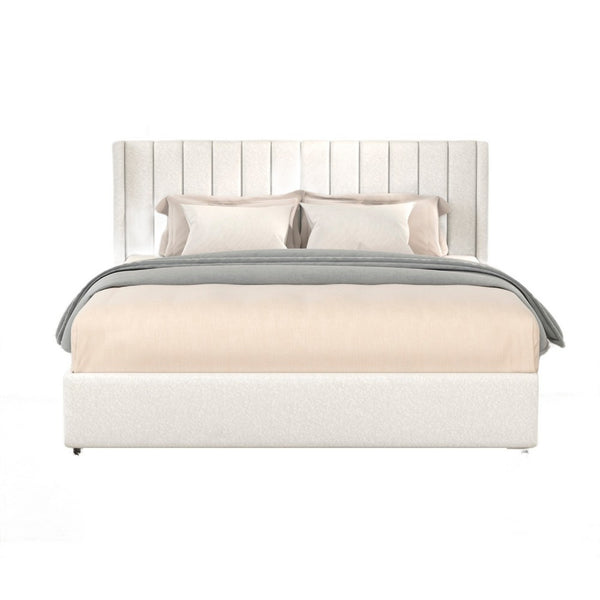Deny Queen Size Bed, 2 Drawers, Channel Tufted Ivory Boucle Upholstery - BM349683