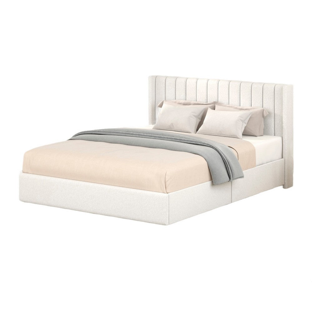 Deny Queen Size Bed, 2 Drawers, Channel Tufted Ivory Boucle Upholstery - BM349683