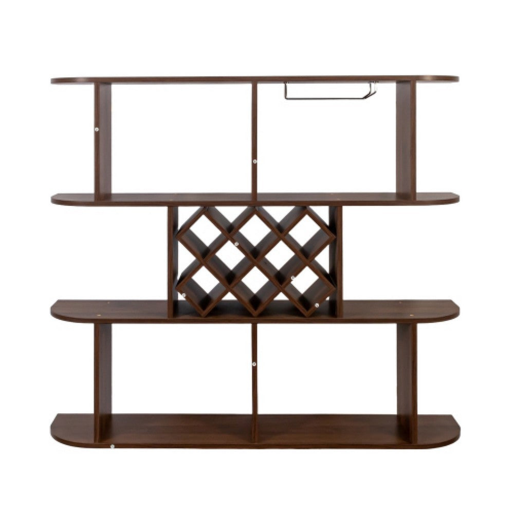 Wall Mounted Bar, 3 Tier Bottle Wine Rack, Glass Holder, Walnut Brown - BM349684