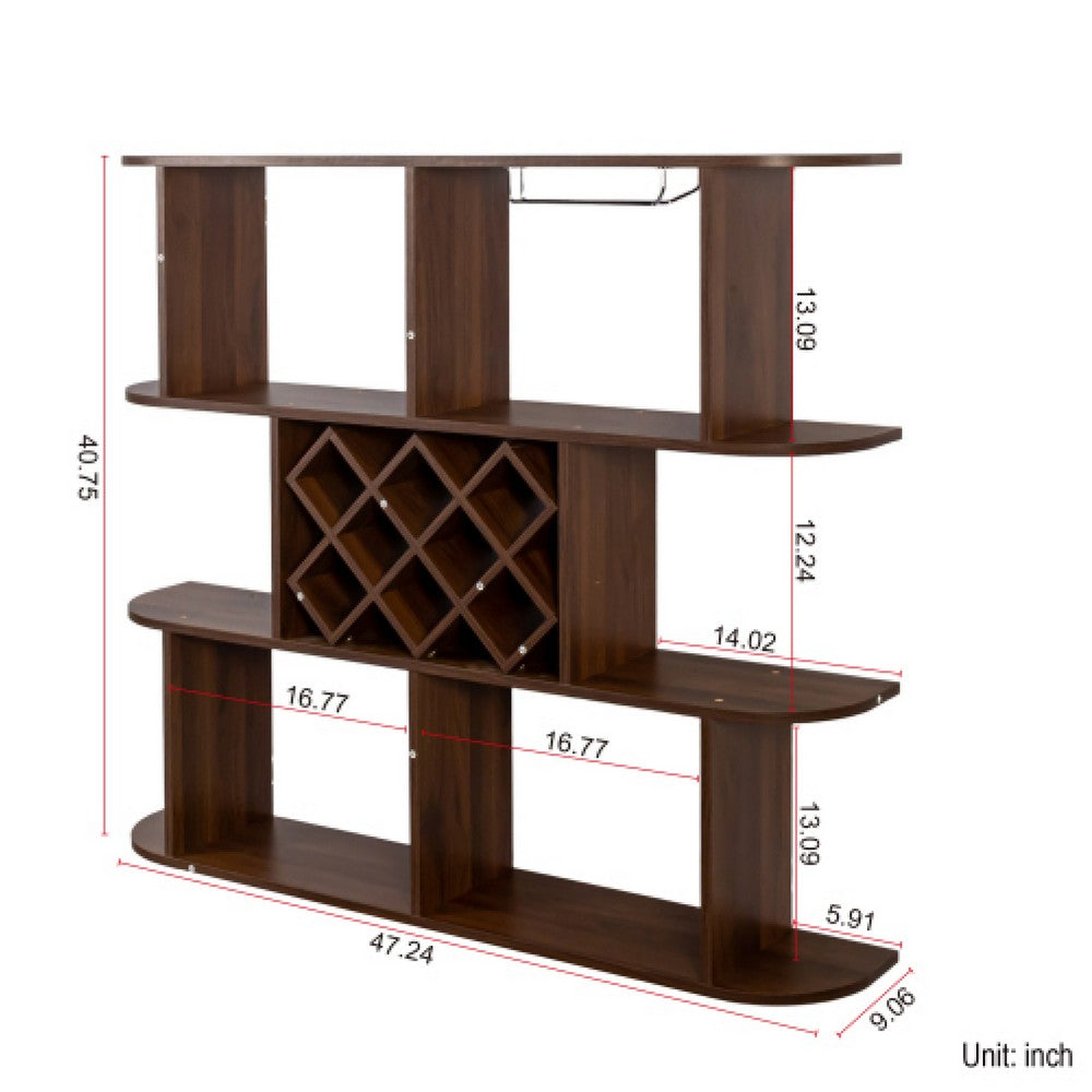 Wall Mounted Bar, 3 Tier Bottle Wine Rack, Glass Holder, Walnut Brown - BM349684