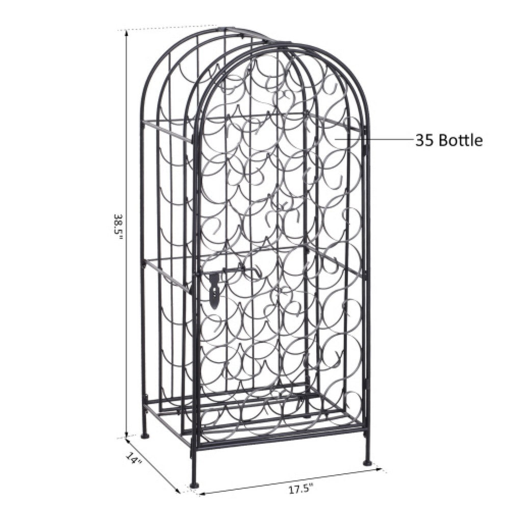 Homy Wine Rack Cabinet with Lock, Holds 35 Bottles, Black Wrought Iron - BM349688