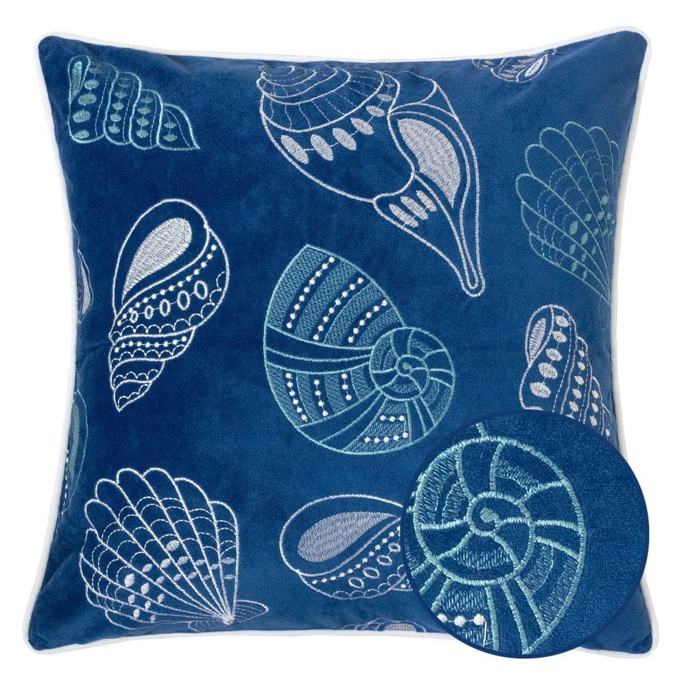 Coastal Shell Design Throw Pillow Cover, Indigo Velvet, 20 Inch Square - BM349700