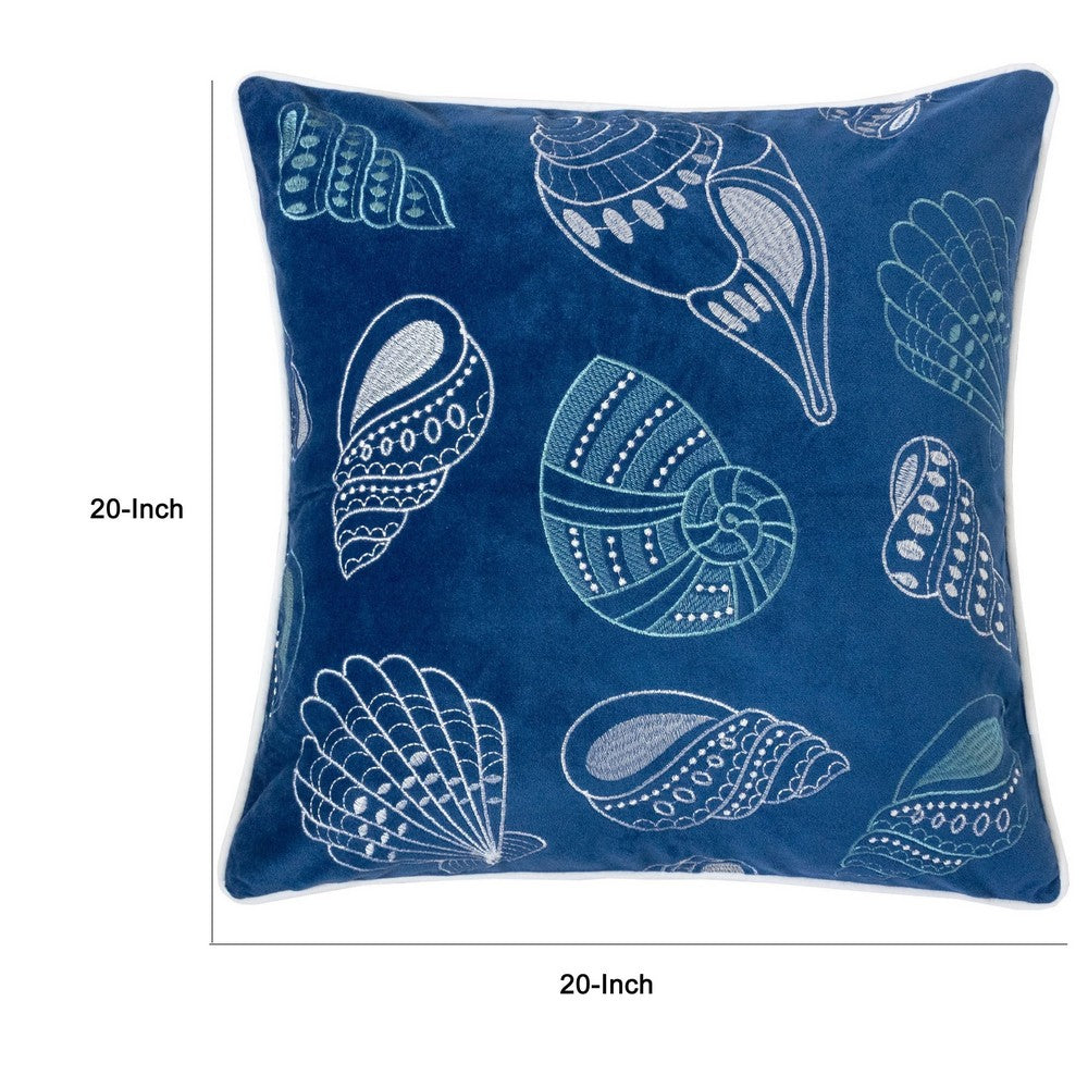 Coastal Shell Design Throw Pillow Cover, Indigo Velvet, 20 Inch Square - BM349700