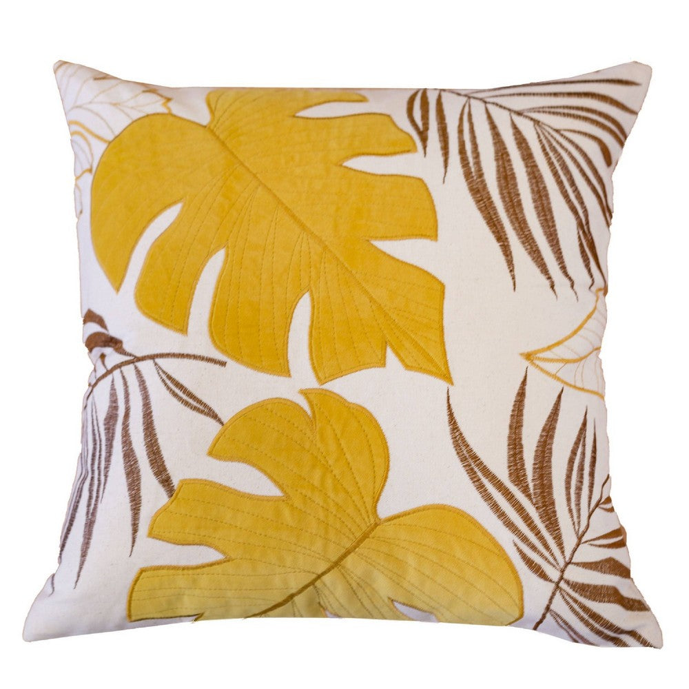 Lefy Accent Pillow Cover, Yellow Cover and White Leaf Vibes, 20 Inch Square - BM349705