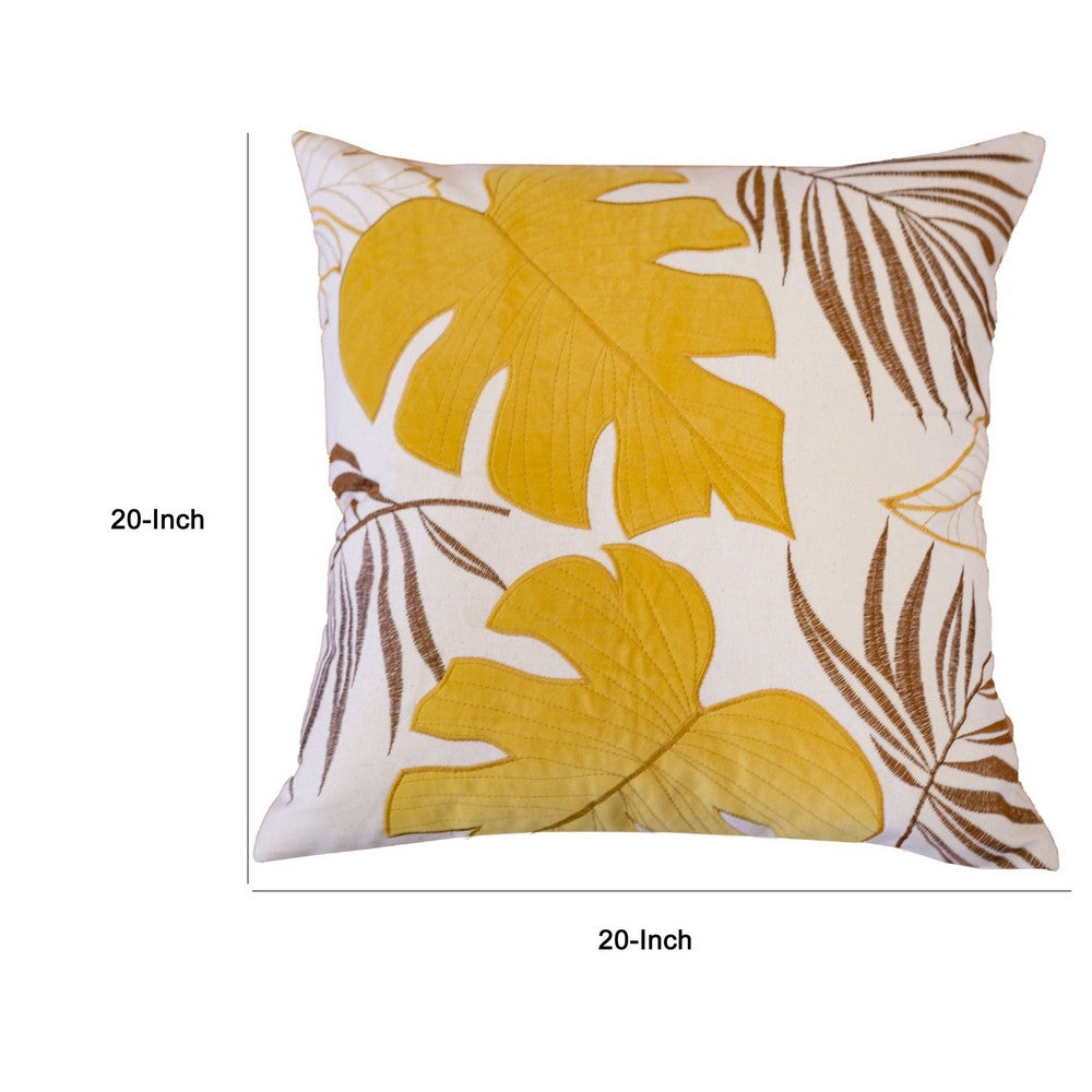 Lefy Accent Pillow Cover, Yellow Cover and White Leaf Vibes, 20 Inch Square - BM349705