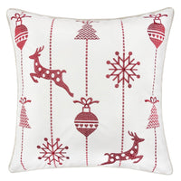 Throw Pillow Cover, Red Embroidered Reindeer and Snowflakes, 20 Inch Square - BM349708