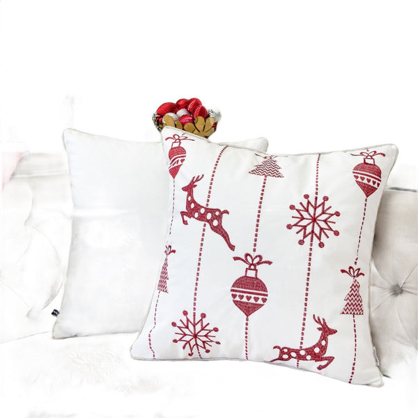 Throw Pillow Cover, Red Embroidered Reindeer and Snowflakes, 20 Inch Square - BM349708