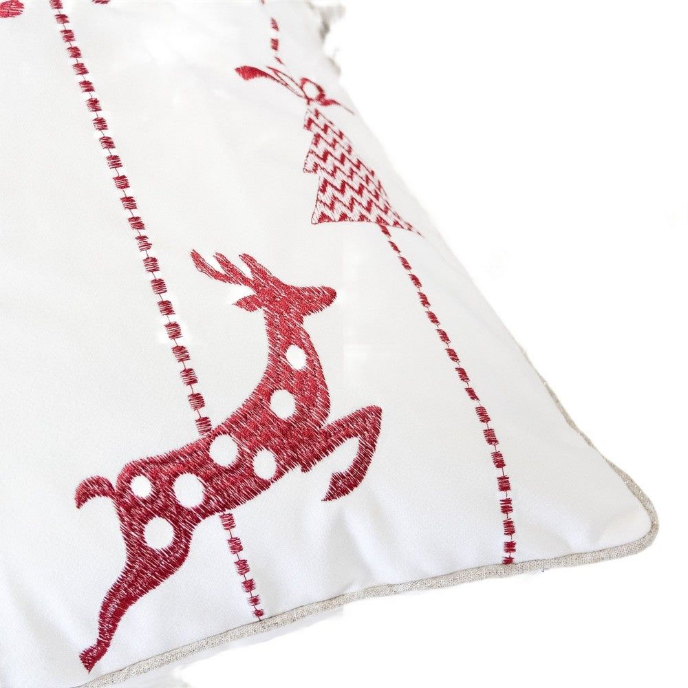 Throw Pillow Cover, Red Embroidered Reindeer and Snowflakes, 20 Inch Square - BM349708