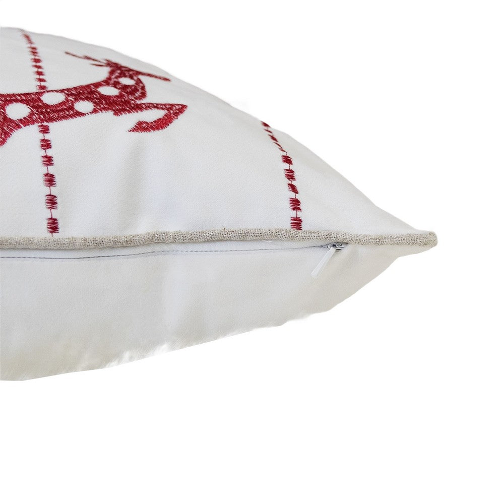 Throw Pillow Cover, Red Embroidered Reindeer and Snowflakes, 20 Inch Square - BM349708