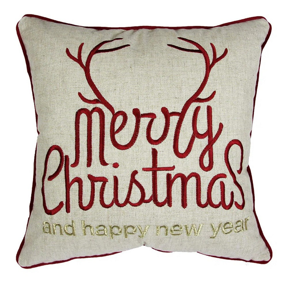 Throw Pillow Cover, Merry Christmas, Red with Gold Accents, 20 Inch Square - BM349714