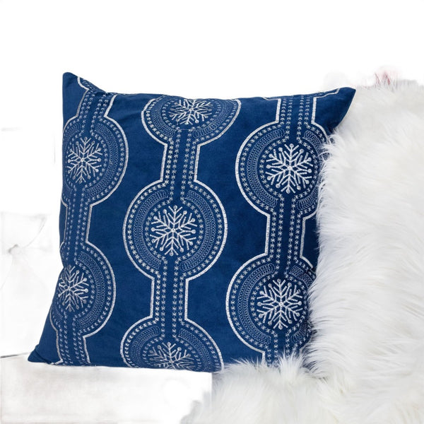 Zey Throw Pillow Cover, Snowflake Embroidered Blue Velvet, 20 Inch Square - BM349715