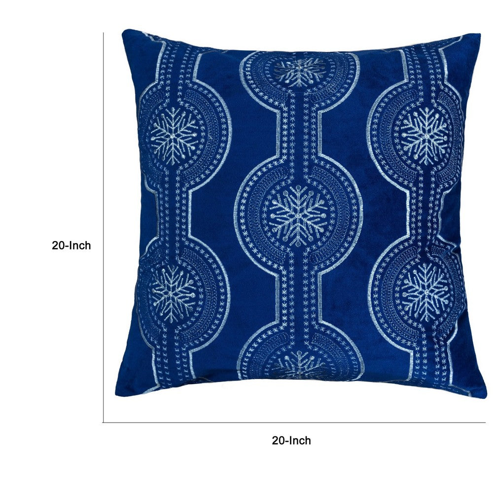 Zey Throw Pillow Cover, Snowflake Embroidered Blue Velvet, 20 Inch Square - BM349715