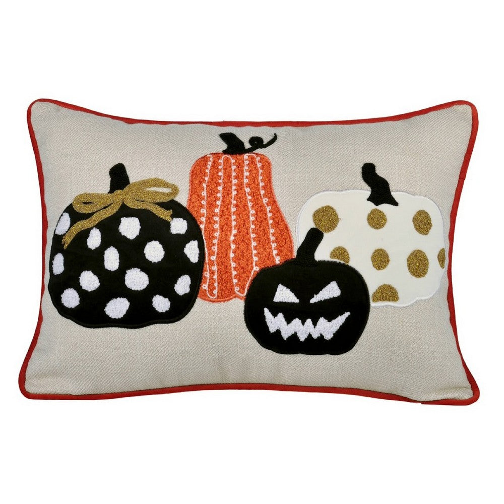 Lumbar Throw Pillow Cover, Hallow Pumpkin Embroidered, Black Linen 14x20 - BM349717