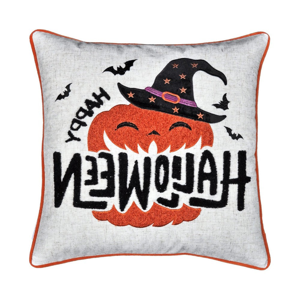 Halloween Pumpkin Witch Embroidered Throw Pillow Cover, Gray 20 Inch Square - BM349718