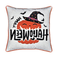 Halloween Pumpkin Witch Embroidered Throw Pillow Cover, Gray 20 Inch Square - BM349718
