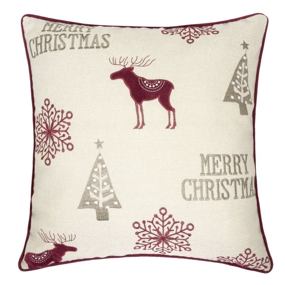 Merry Christmas Throw Pillow Cover Red Reindeer, Off White Linen 20in Square - BM349719