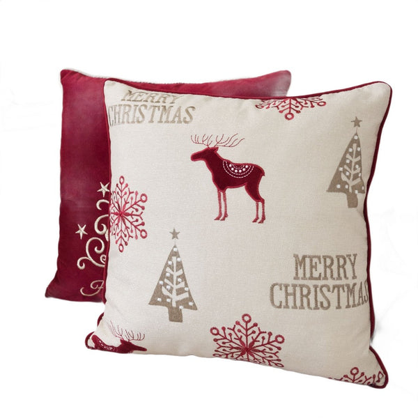 Merry Christmas Throw Pillow Cover Red Reindeer, Off White Linen 20in Square - BM349719