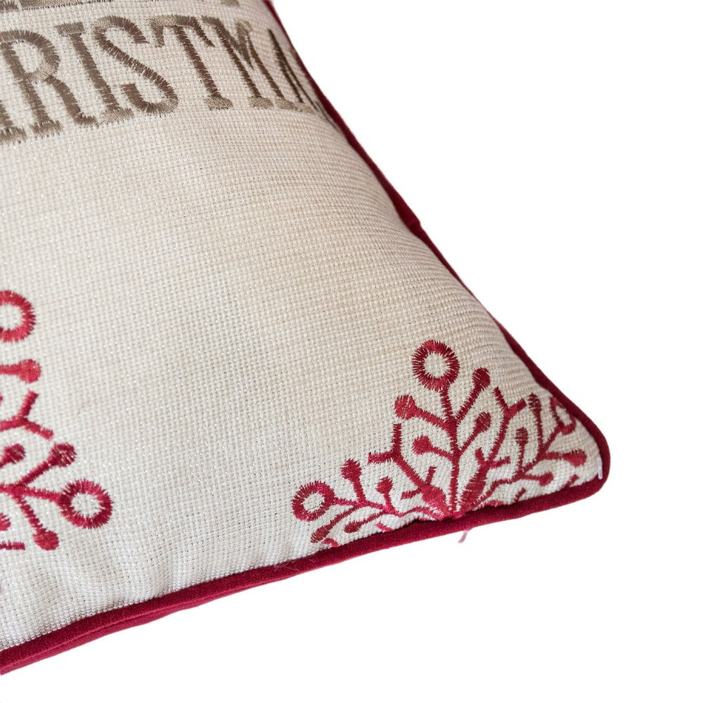 Merry Christmas Throw Pillow Cover Red Reindeer, Off White Linen 20in Square - BM349719