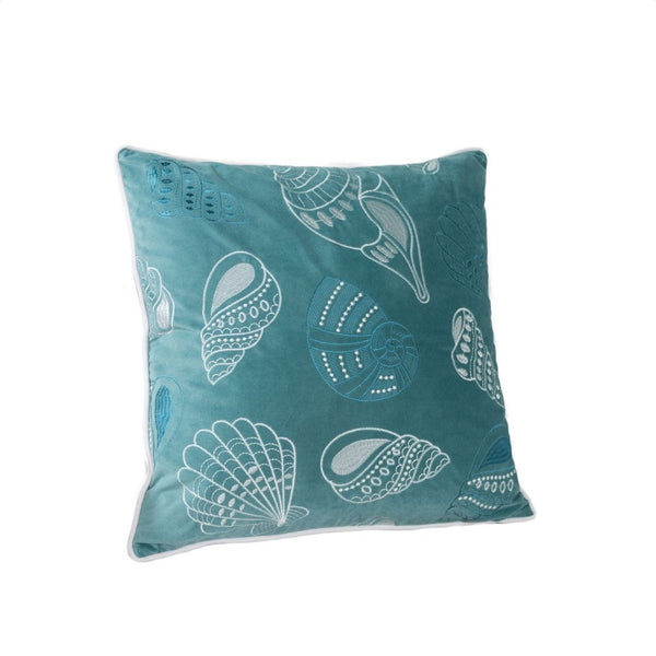 Meo Throw Pillow, Embroidered Seashell Pattern Blue Velvet, 20 Inch Square - BM349726