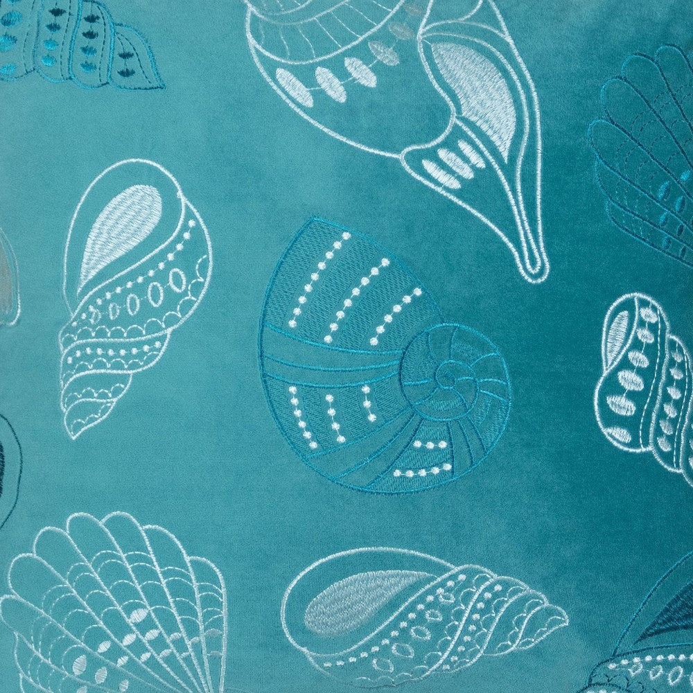 Meo Throw Pillow, Embroidered Seashell Pattern Blue Velvet, 20 Inch Square - BM349726