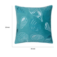 Meo Throw Pillow, Embroidered Seashell Pattern Blue Velvet, 20 Inch Square - BM349726
