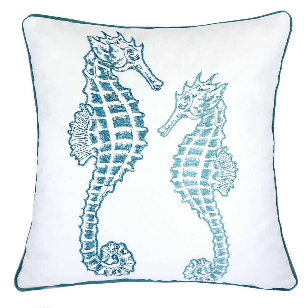Meo Throw Pillow, Embroidered Seahorse, White Blue Velvet, 20 Inch Square - BM349727