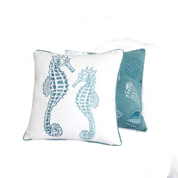 Meo Throw Pillow, Embroidered Seahorse, White Blue Velvet, 20 Inch Square - BM349727