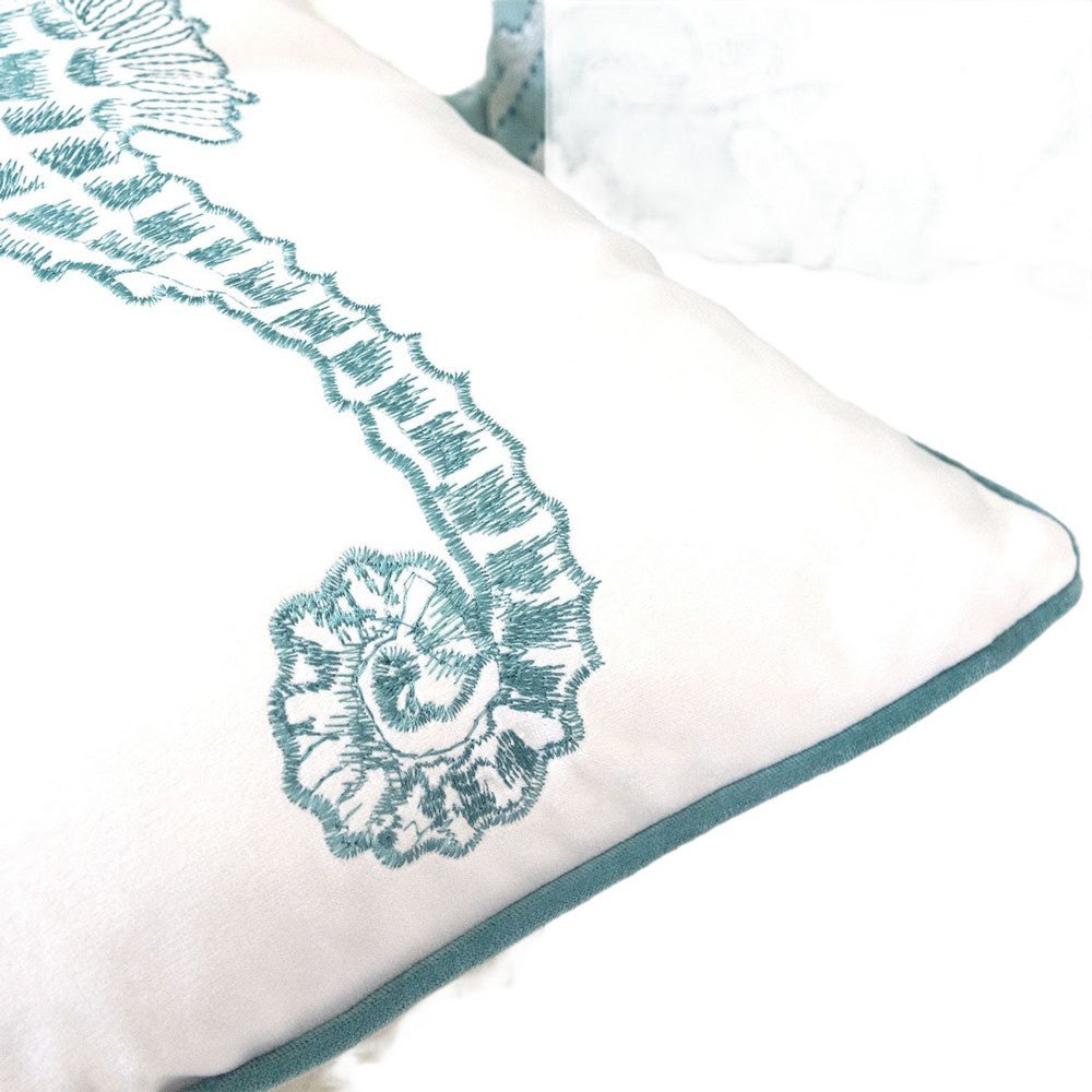 Meo Throw Pillow, Embroidered Seahorse, White Blue Velvet, 20 Inch Square - BM349727