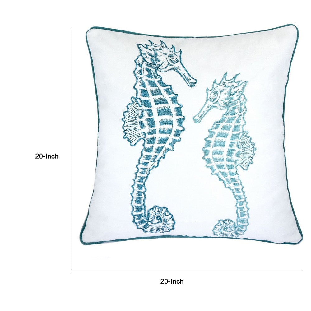 Meo Throw Pillow, Embroidered Seahorse, White Blue Velvet, 20 Inch Square - BM349727