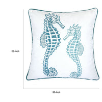 Meo Throw Pillow, Embroidered Seahorse, White Blue Velvet, 20 Inch Square - BM349727
